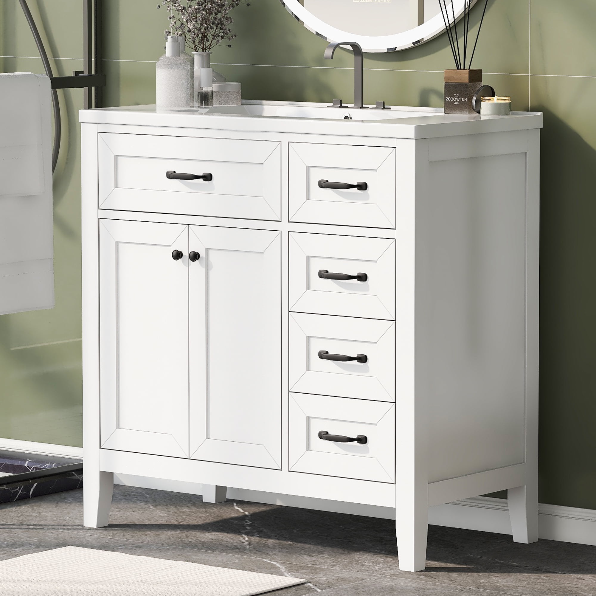 Aukfa 36" Modern Bathroom Vanity with Sink – Single Basin Wood Vanity Set with 2 Doors Cabinet,White