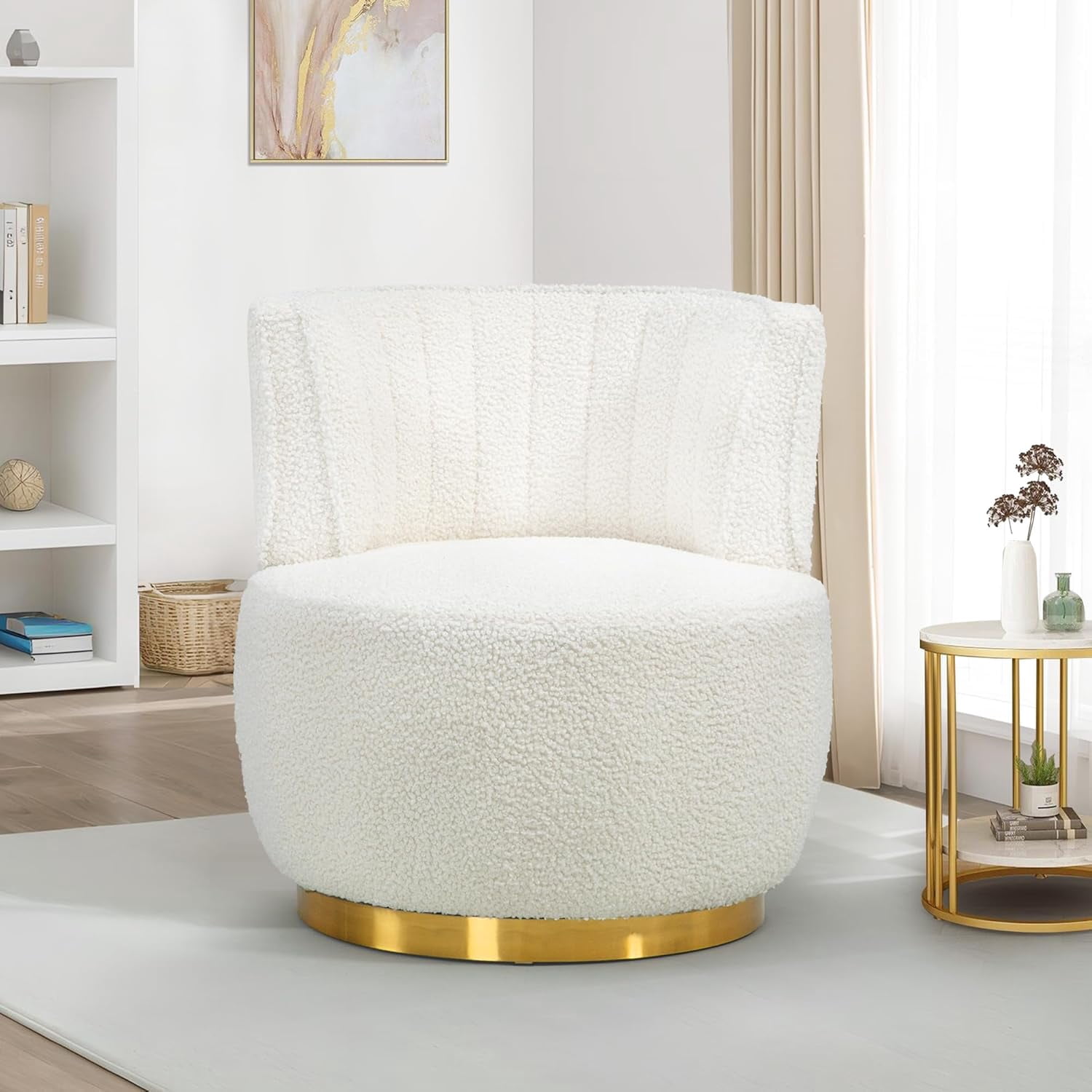Aukfa 360-Degree Swivel Barrel Chair, Modern Teddy Round Accent Chair for Nursery and Living Room, White