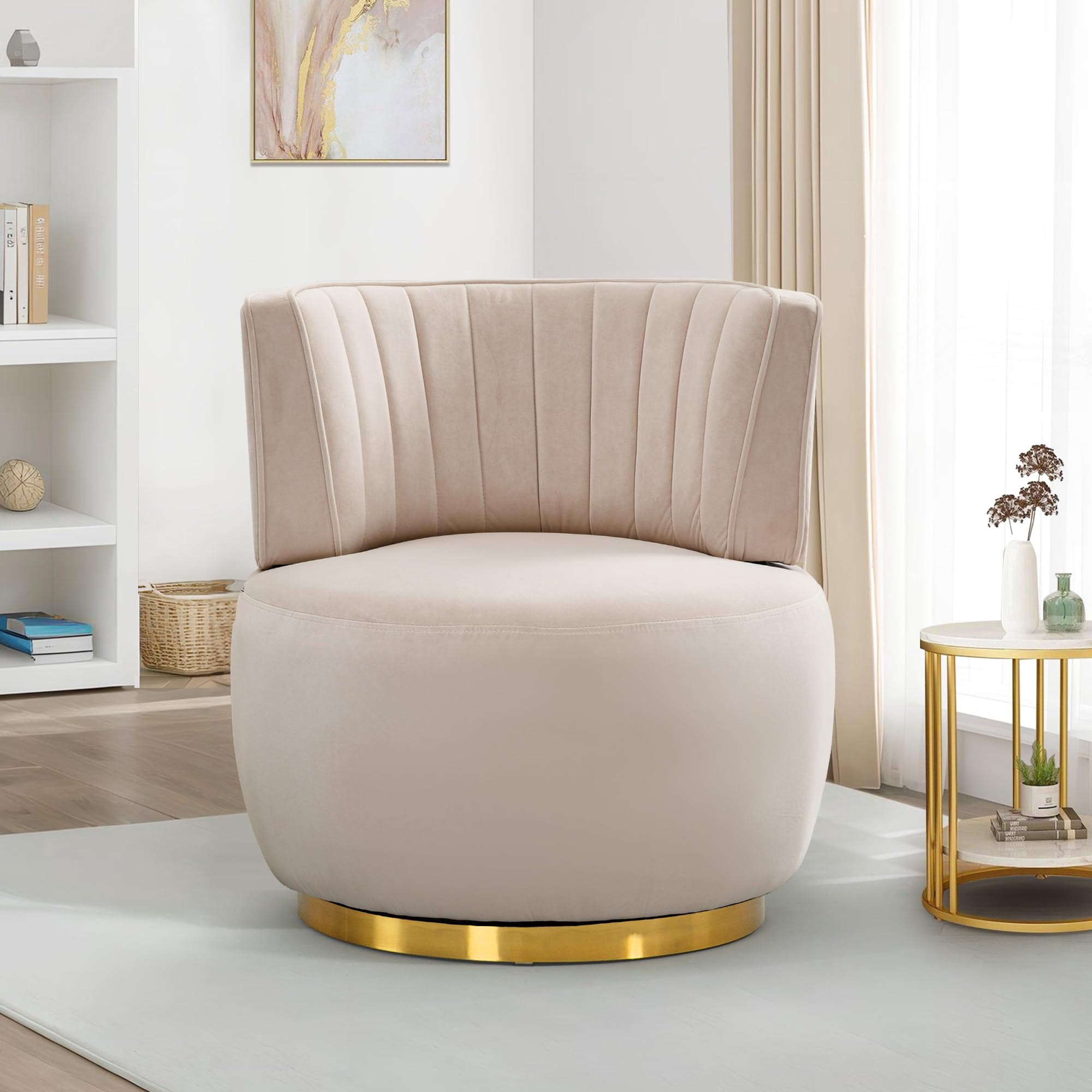 Aukfa 360-Degree Swivel Barrel Chair, Modern Velvet Round Accent Chair for Nursery and Living Room, Beige