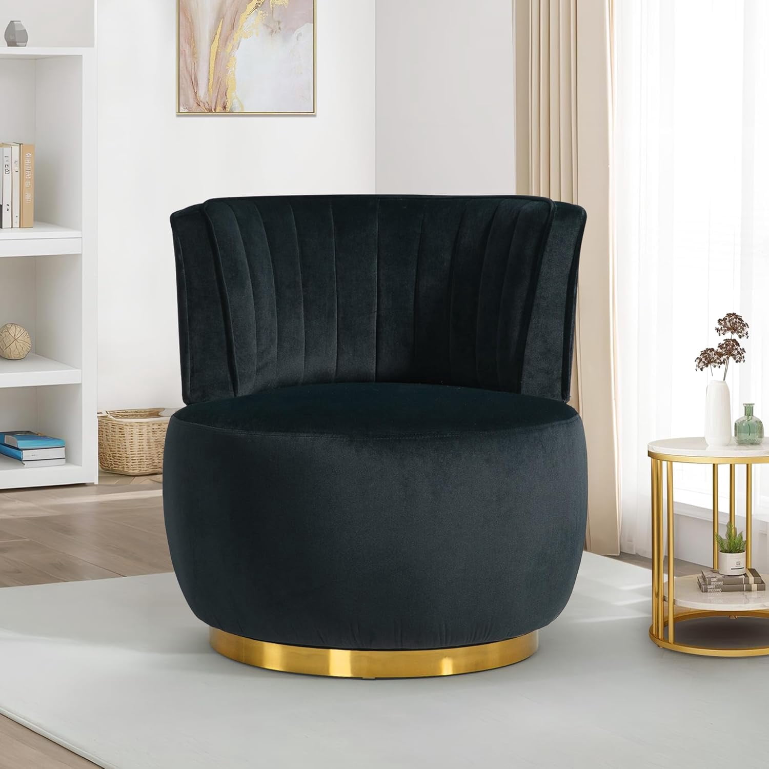 Aukfa 360-Degree Swivel Barrel Chair, Modern Velvet Round Accent Chair for Nursery and Living Room, Black