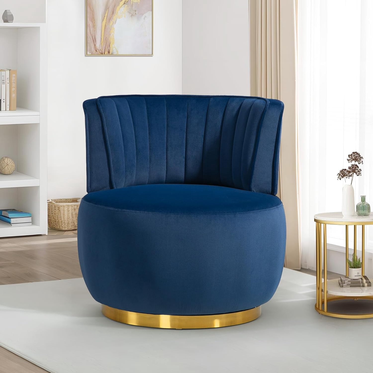Aukfa 360-Degree Swivel Barrel Chair, Modern Velvet Round Accent Chair for Nursery and Living Room, Blue