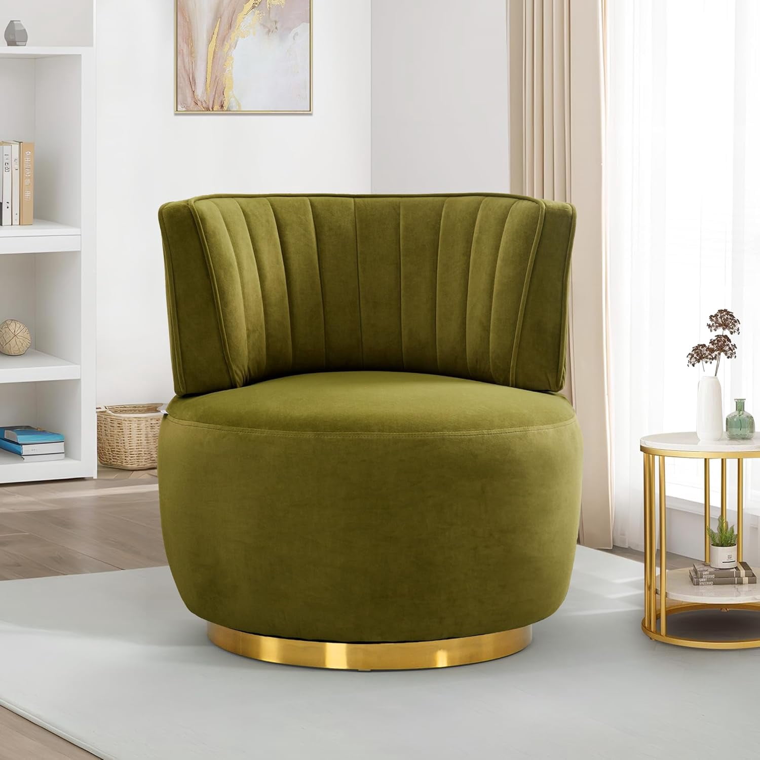 Aukfa 360-Degree Swivel Barrel Chair, Modern Velvet Round Accent Chair for Nursery and Living Room, Olive