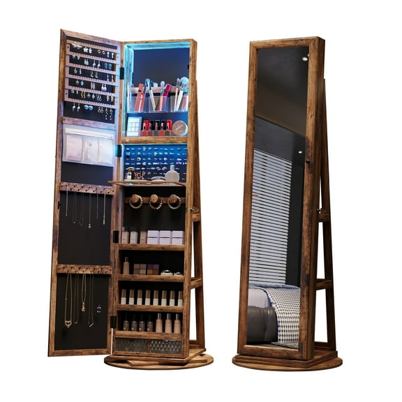 Aukfa 360° Swivel Jewelry Armoire,LED Jewelry Organizer Stand with Full Length Mirror,Brown