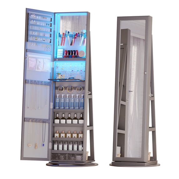 Aukfa 360° Swivel Jewelry Armoire,LED Jewelry Organizer Stand with Full Length Mirror,Gray