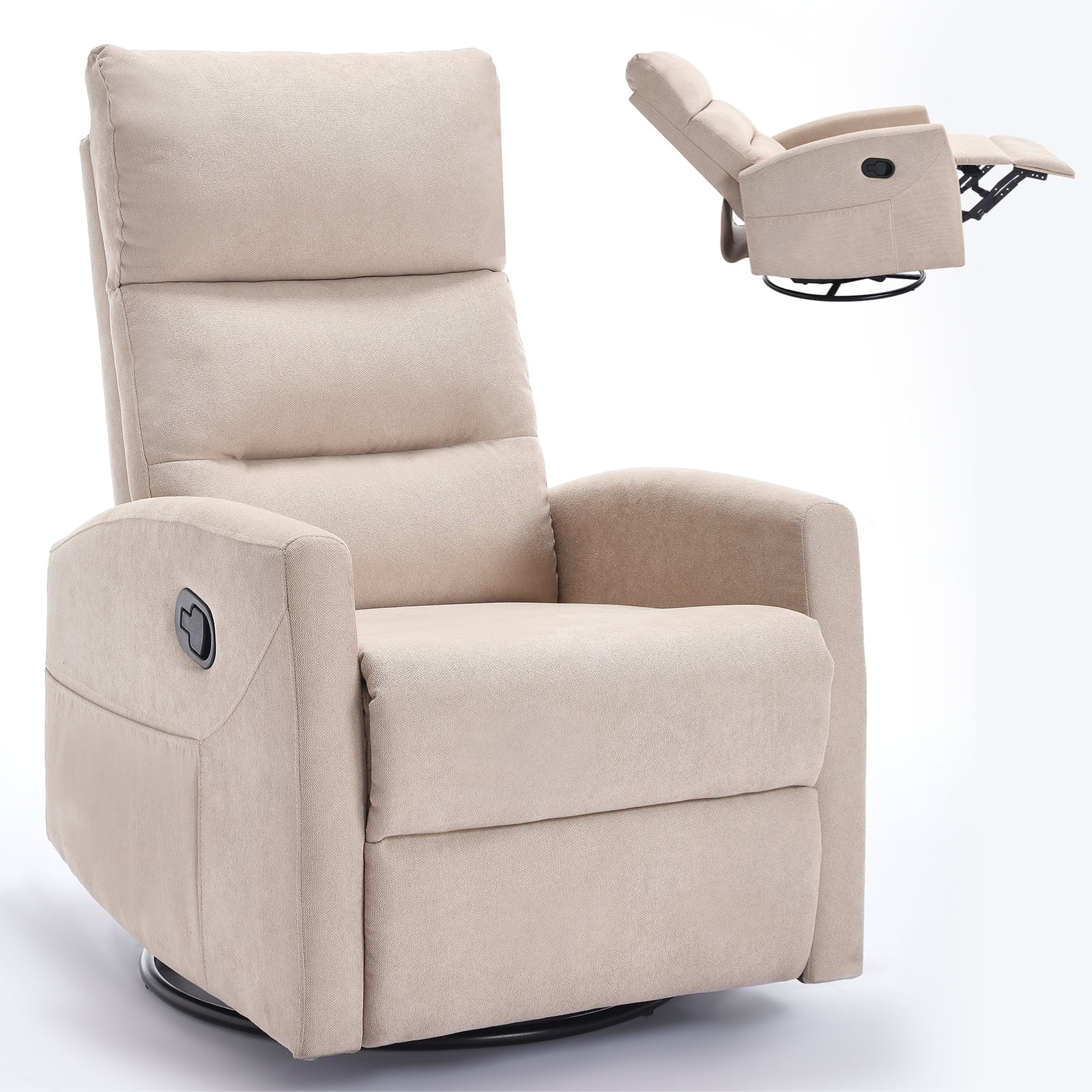 Aukfa 360° Swivel Manual Recliner Chair, Overstuffed Nursery Glider Chair for Living Room, Beige