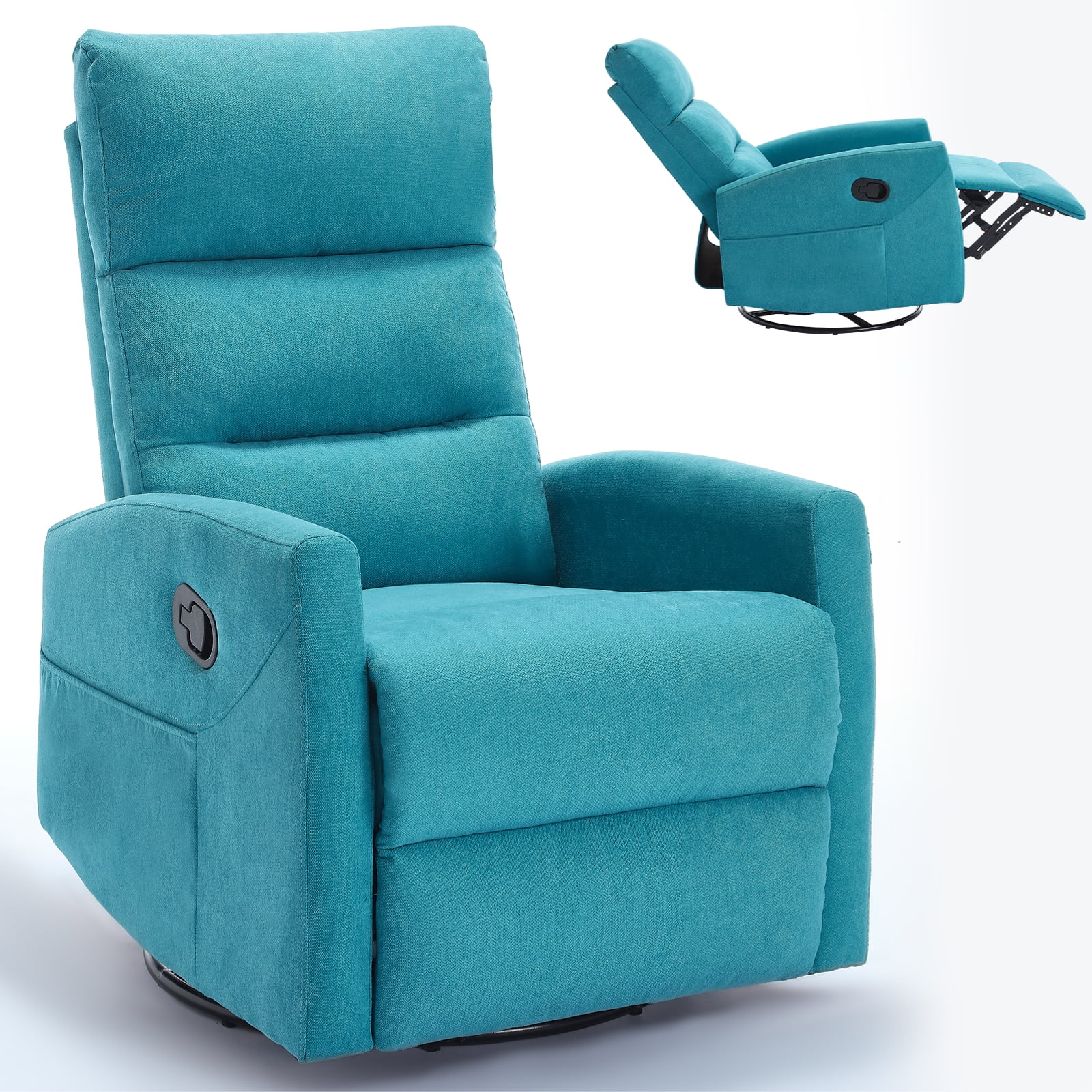 Aukfa 360° Swivel Manual Recliner Chair, Overstuffed Nursery Glider Chair for Living Room, Blue