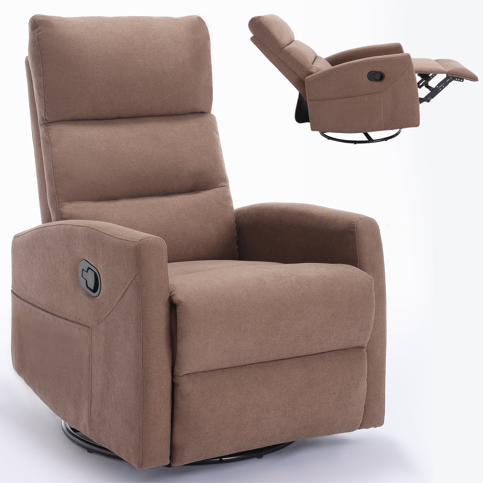 Aukfa 360° Swivel Manual Recliner Chair, Overstuffed Nursery Glider Chair for Living Room, Brown