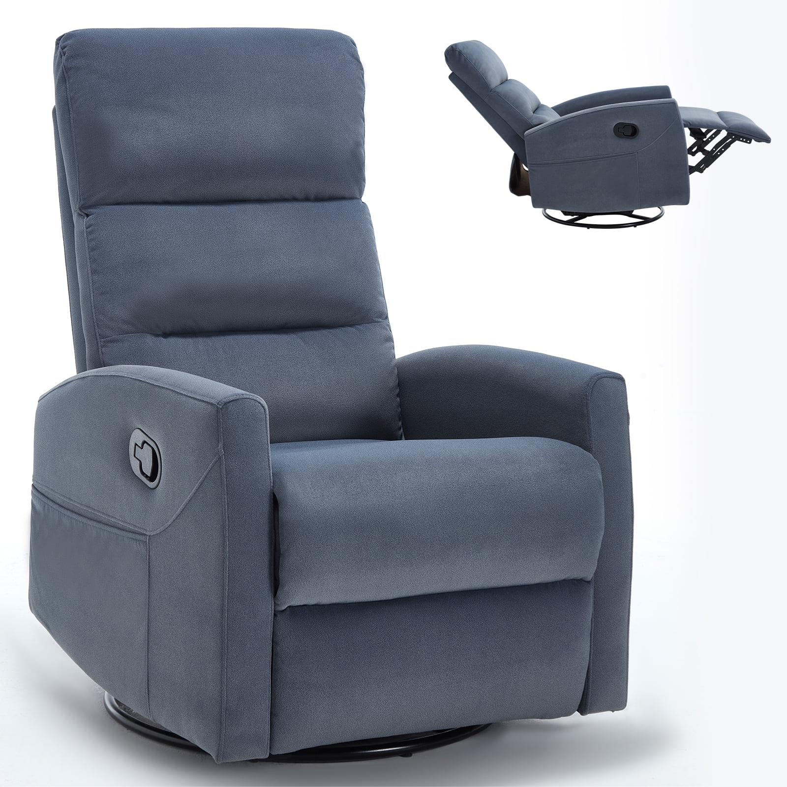 Aukfa 360° Swivel Manual Recliner Chair, Overstuffed Nursery Glider Chair for Living Room, Gray