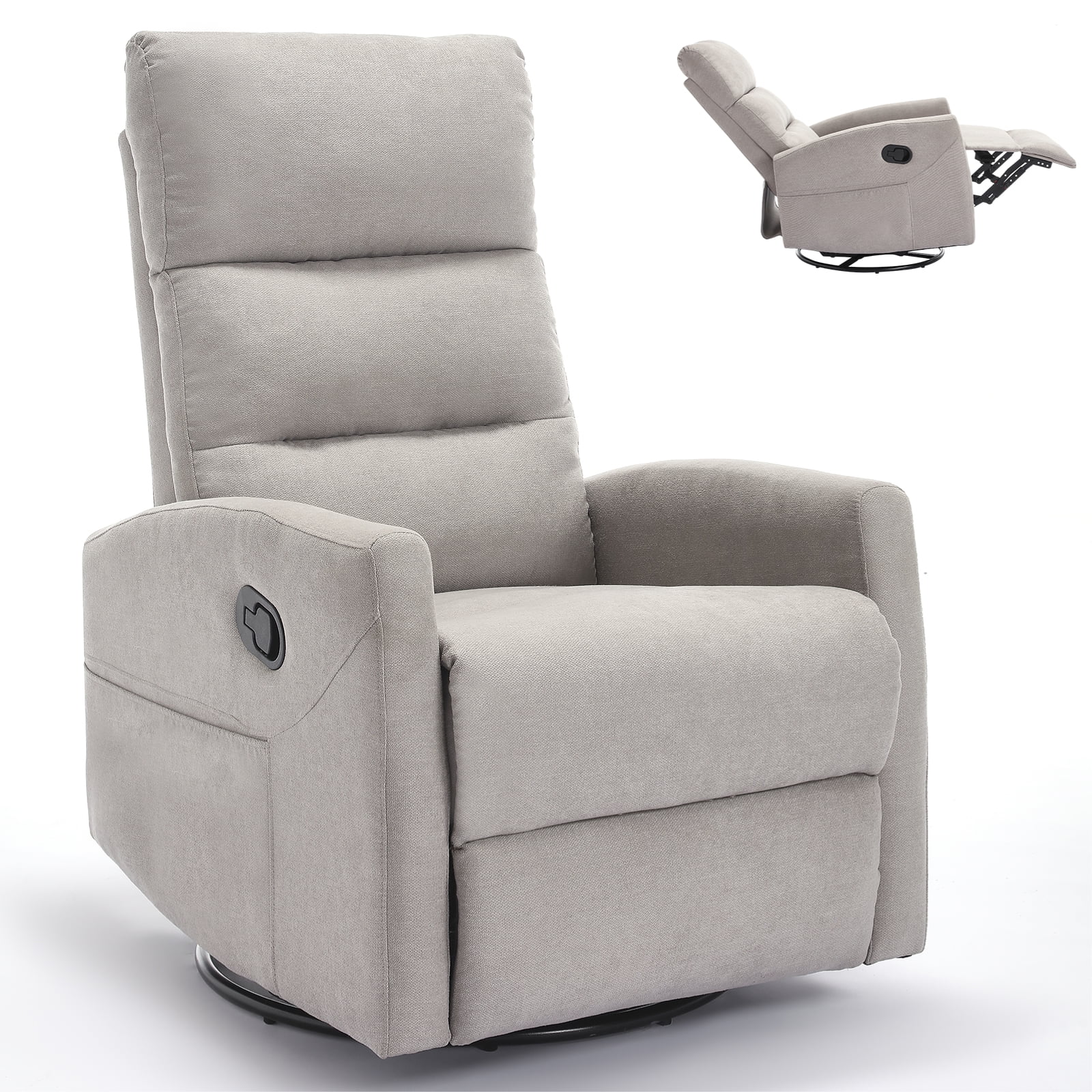Aukfa 360° Swivel Manual Recliner Chair, Overstuffed Nursery Glider Chair for Living Room, Light Gray