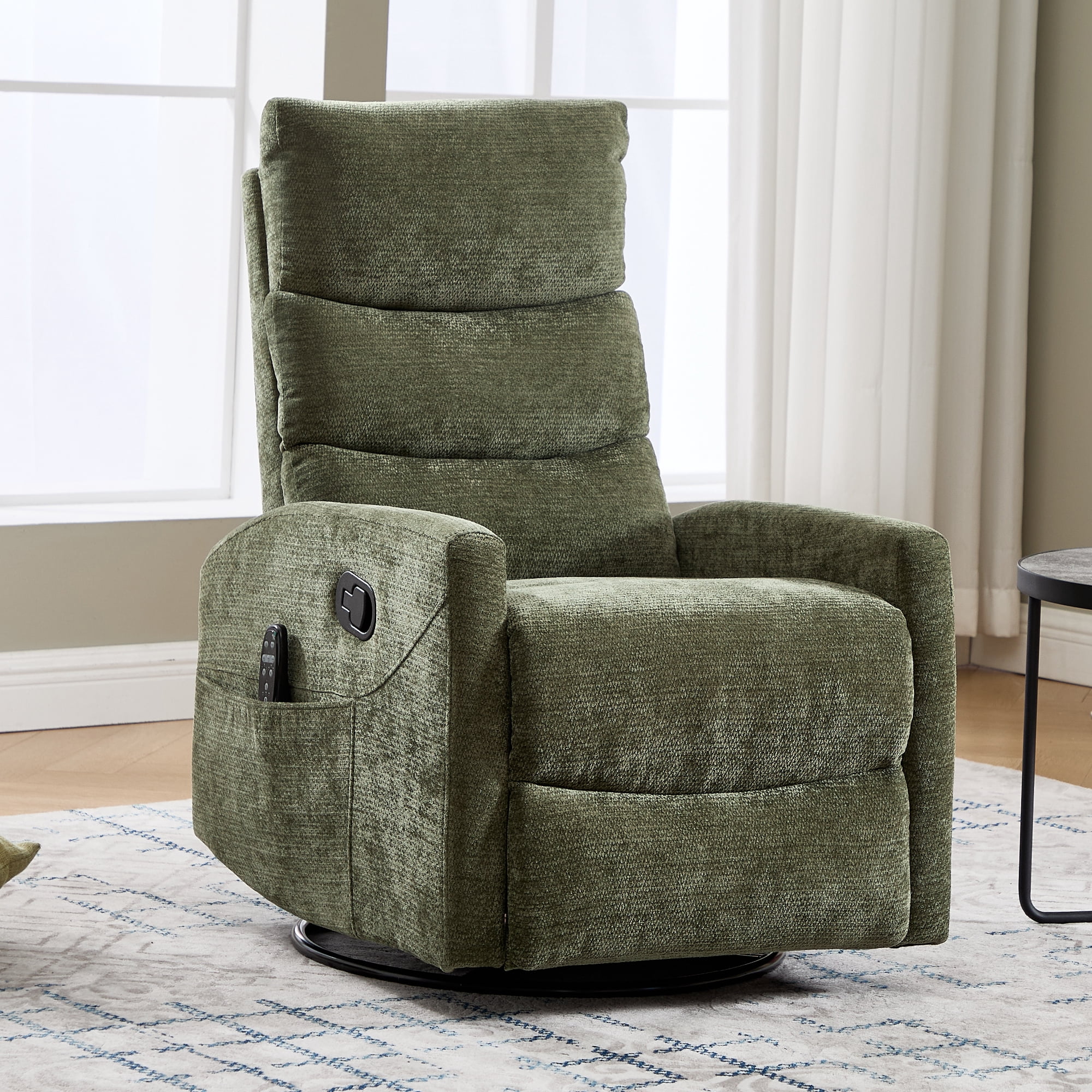 Aukfa 360° Swivel Recliner Rocking Chair with Massage and Heat for Living Room & Nursery, Chenille, Green