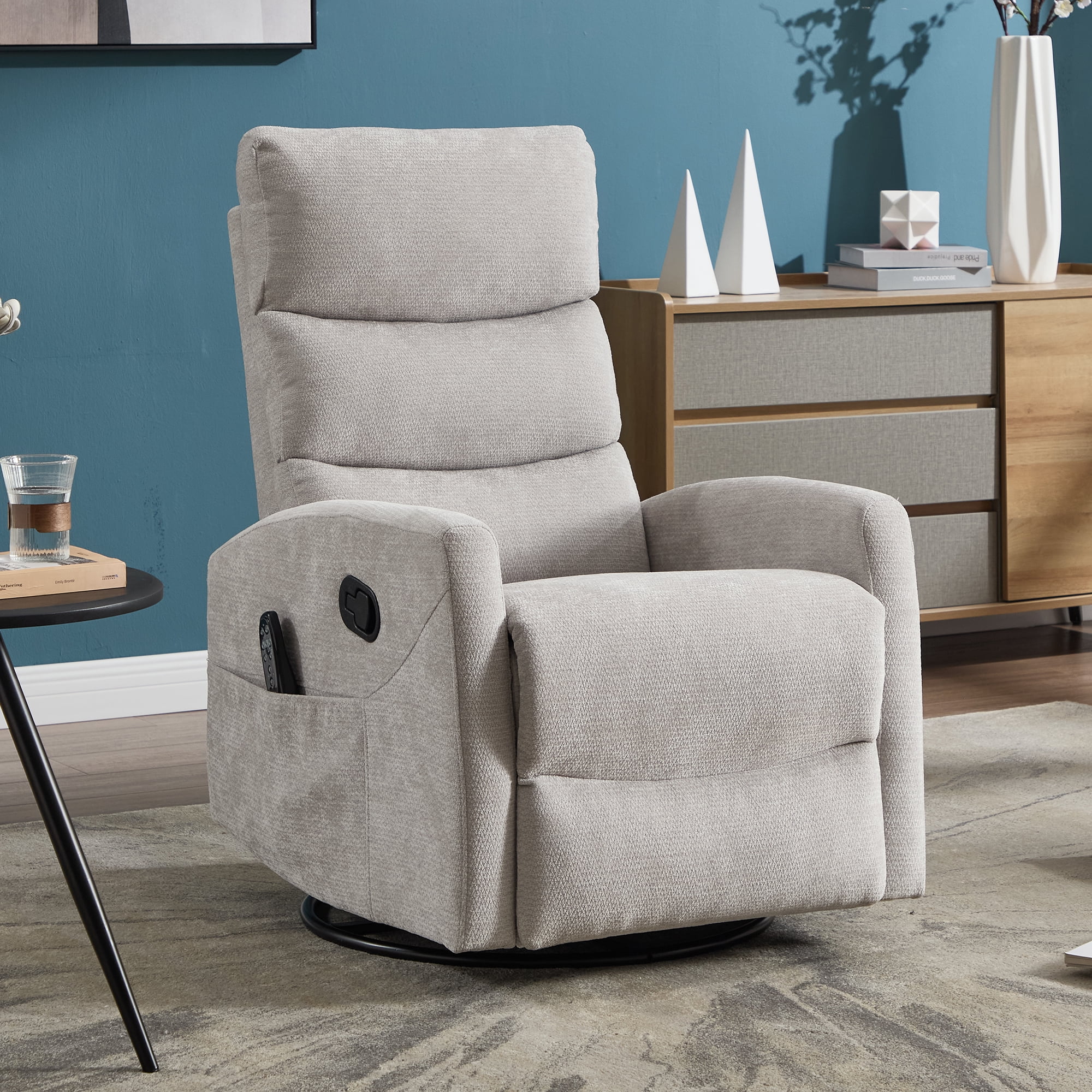 Aukfa 360° Swivel Recliner Rocking Chair with Massage and Heat for Living Room & Nursery, Chenille, Light Gray