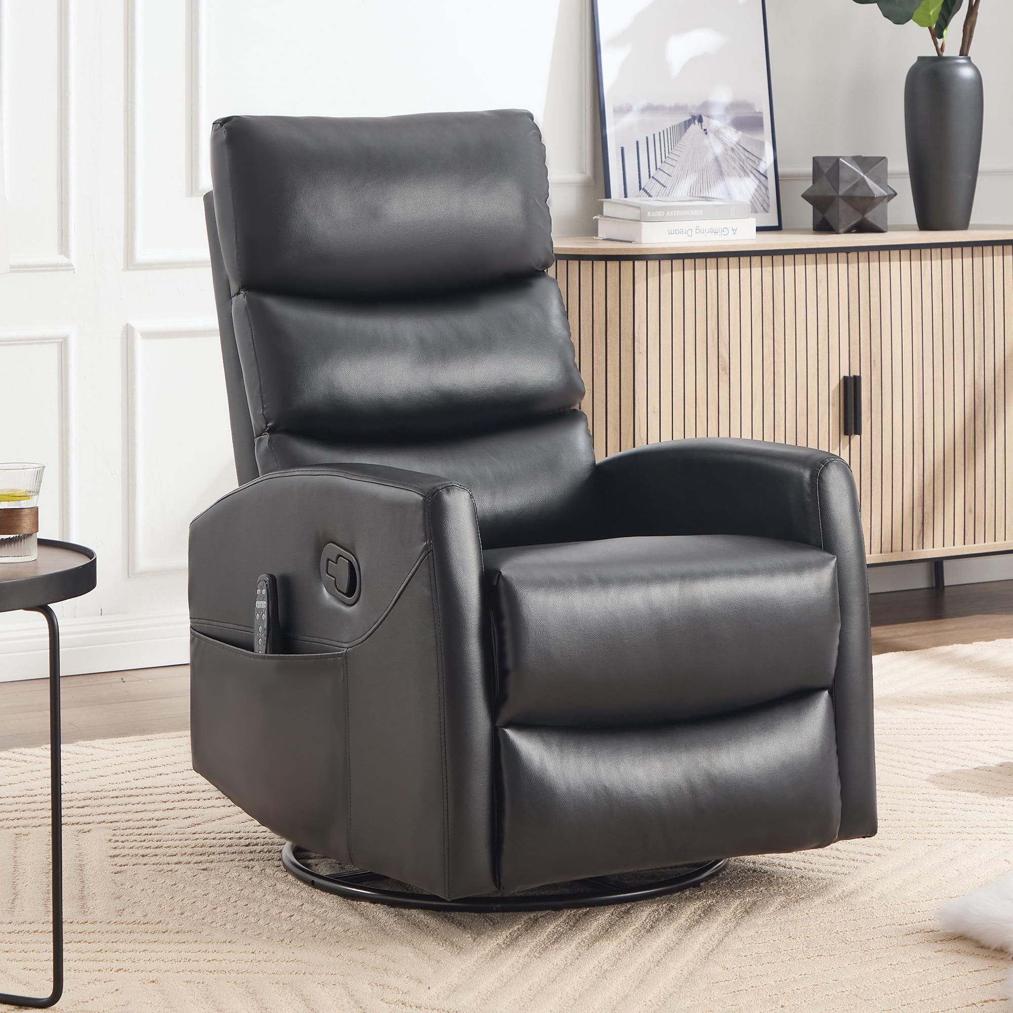 Aukfa 360° Swivel Recliner Rocking Chair with Massage and Heat for Living Room & Nursery, Leather, Black