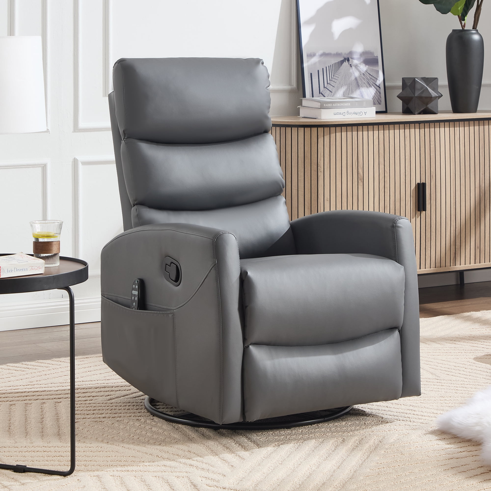Aukfa 360° Swivel Recliner Rocking Chair with Massage and Heat for Living Room & Nursery, Leather, Gray