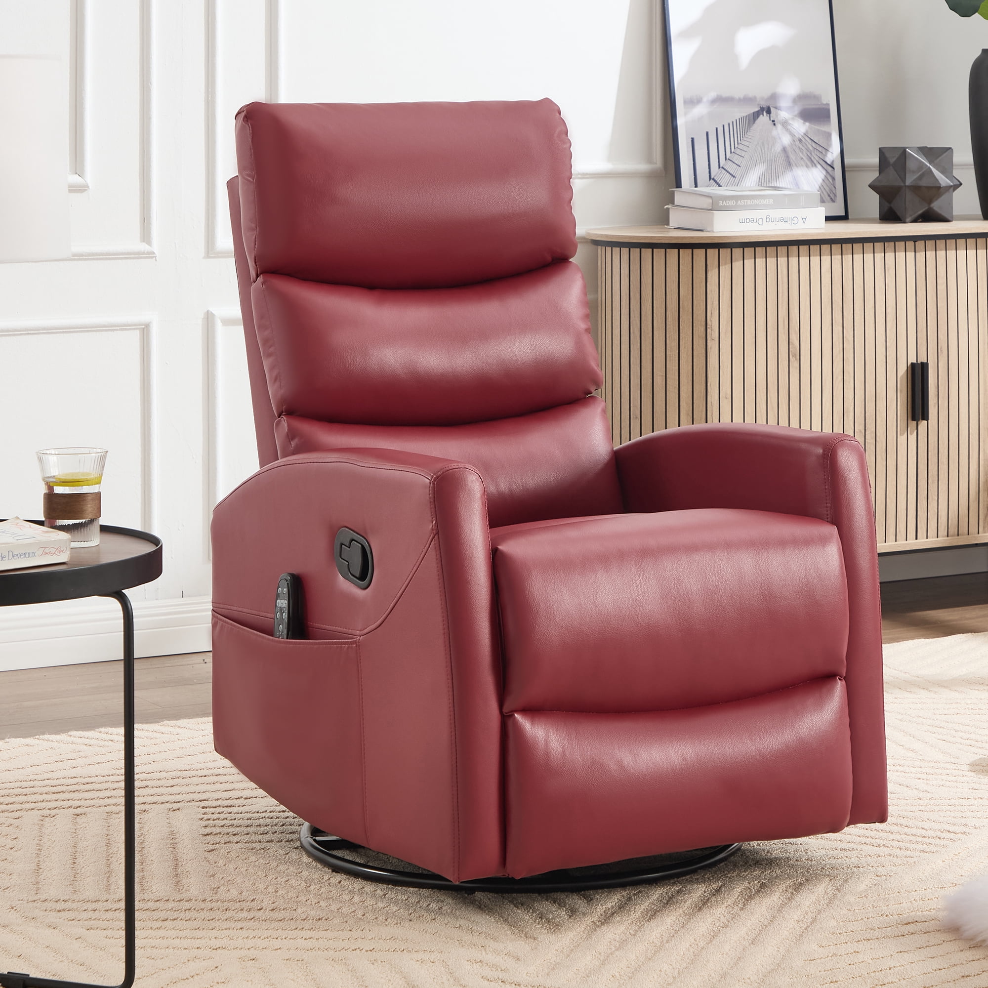 Aukfa 360° Swivel Recliner Rocking Chair with Massage and Heat for Living Room & Nursery, Leather, Red