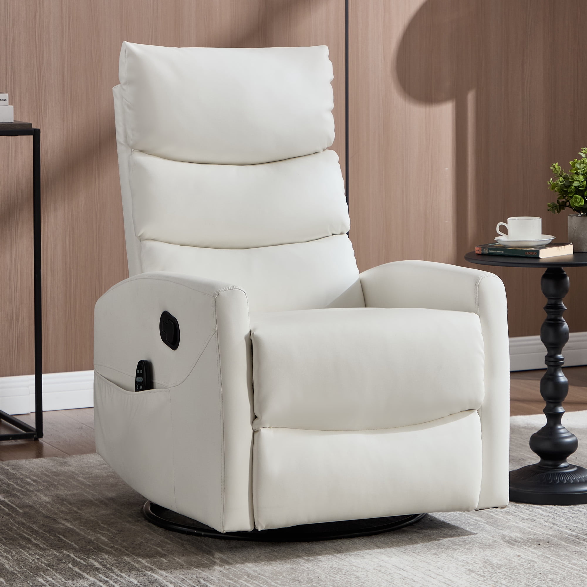 Aukfa 360° Swivel Recliner Rocking Chair with Massage and Heat for Living Room & Nursery, Leather, White