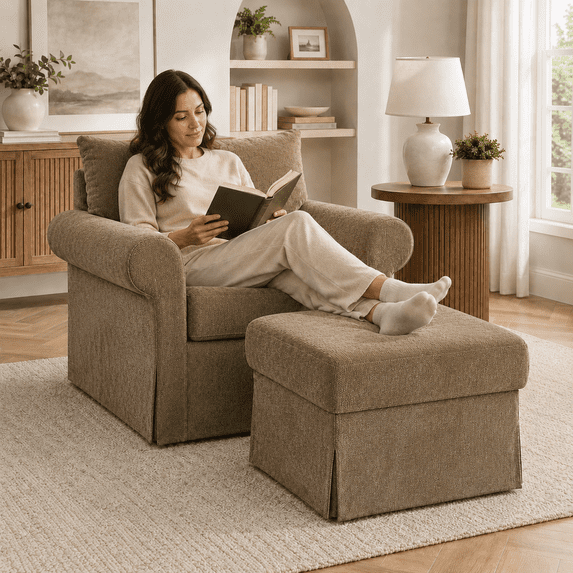 Aukfa 37.5" Oversized Chenille Accent Chair with Ottoman, Upholstered Armchair with Footrest for Living Room,Brown