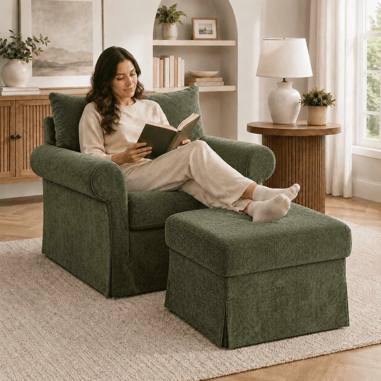 Aukfa 37.5" Oversized Chenille Accent Chair with Ottoman, Upholstered Armchair with Footrest for Living Room,Green