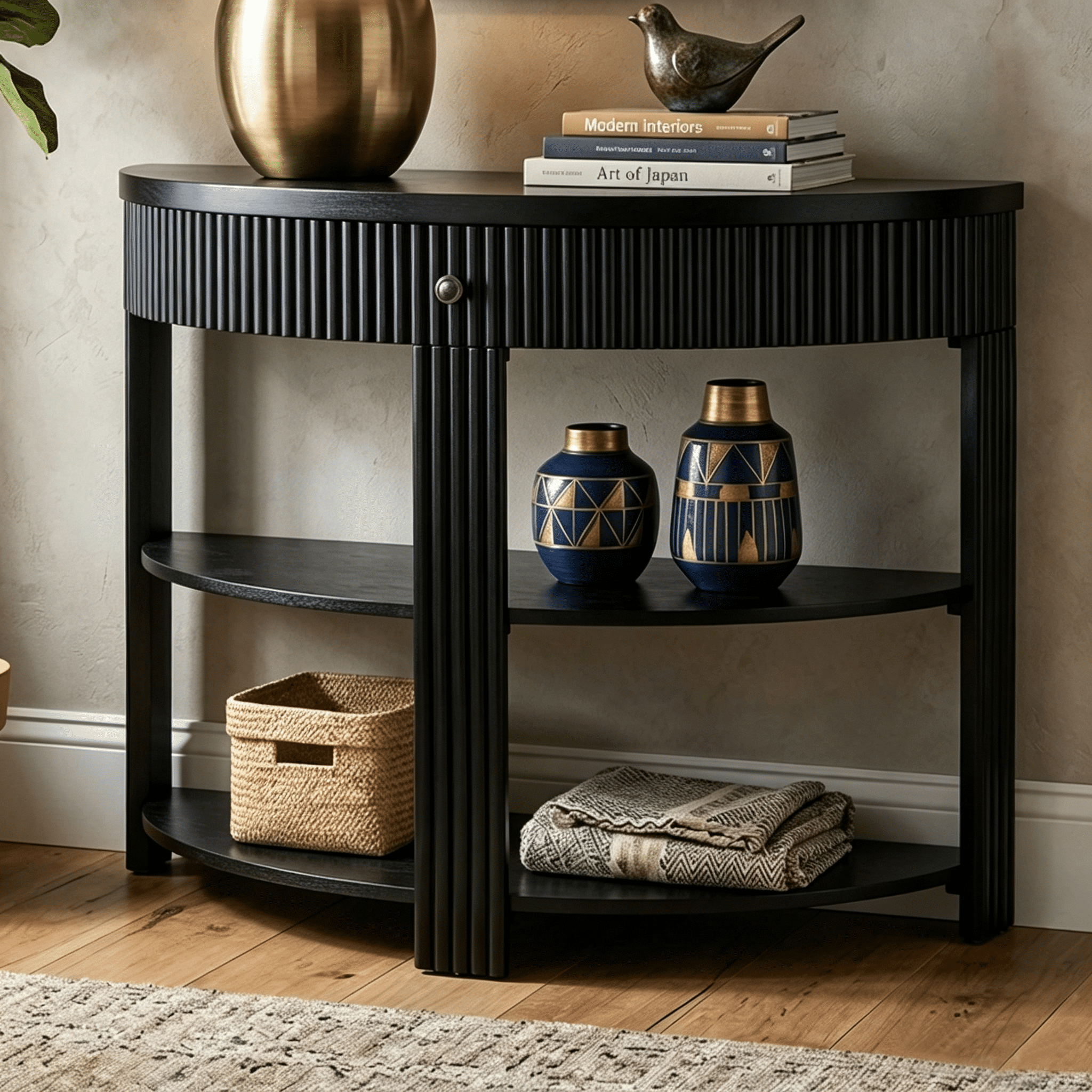 Aukfa 37" Fluted Half Moon Console Table with Drawer & Open Shelves, Entryway Accent Table for Living Room Hallway, Black