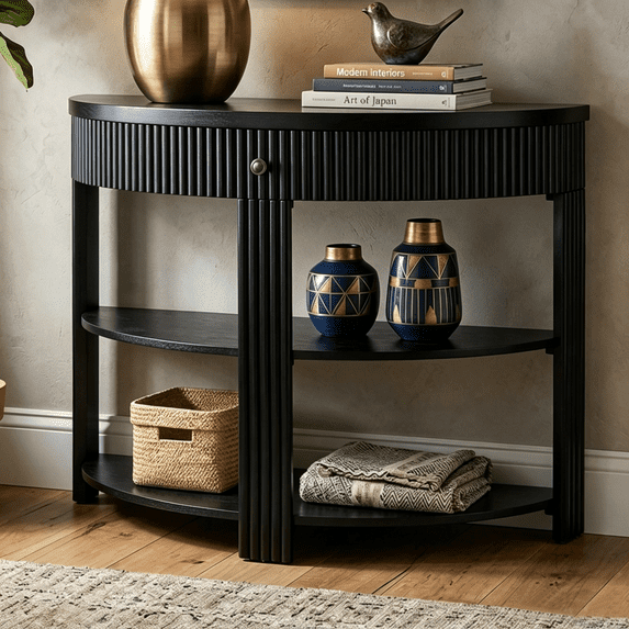 Aukfa 37" Fluted Half Moon Console Table with Drawer & Open Shelves, Entryway Accent Table for Living Room Hallway, Black