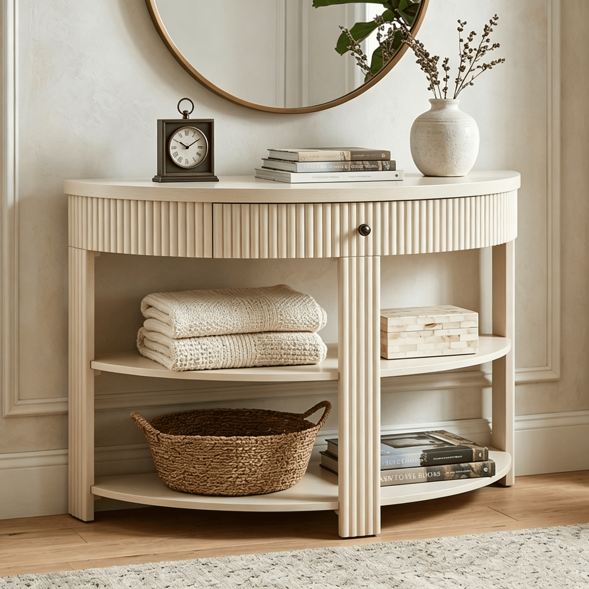 Aukfa 37" Fluted Half Moon Console Table with Drawer & Open Shelves, Entryway Accent Table for Living Room Hallway, Cream