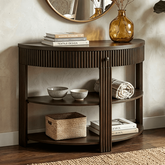 Aukfa 37" Fluted Half Moon Console Table with Drawer & Open Shelves, Entryway Accent Table for Living Room Hallway, Espresso