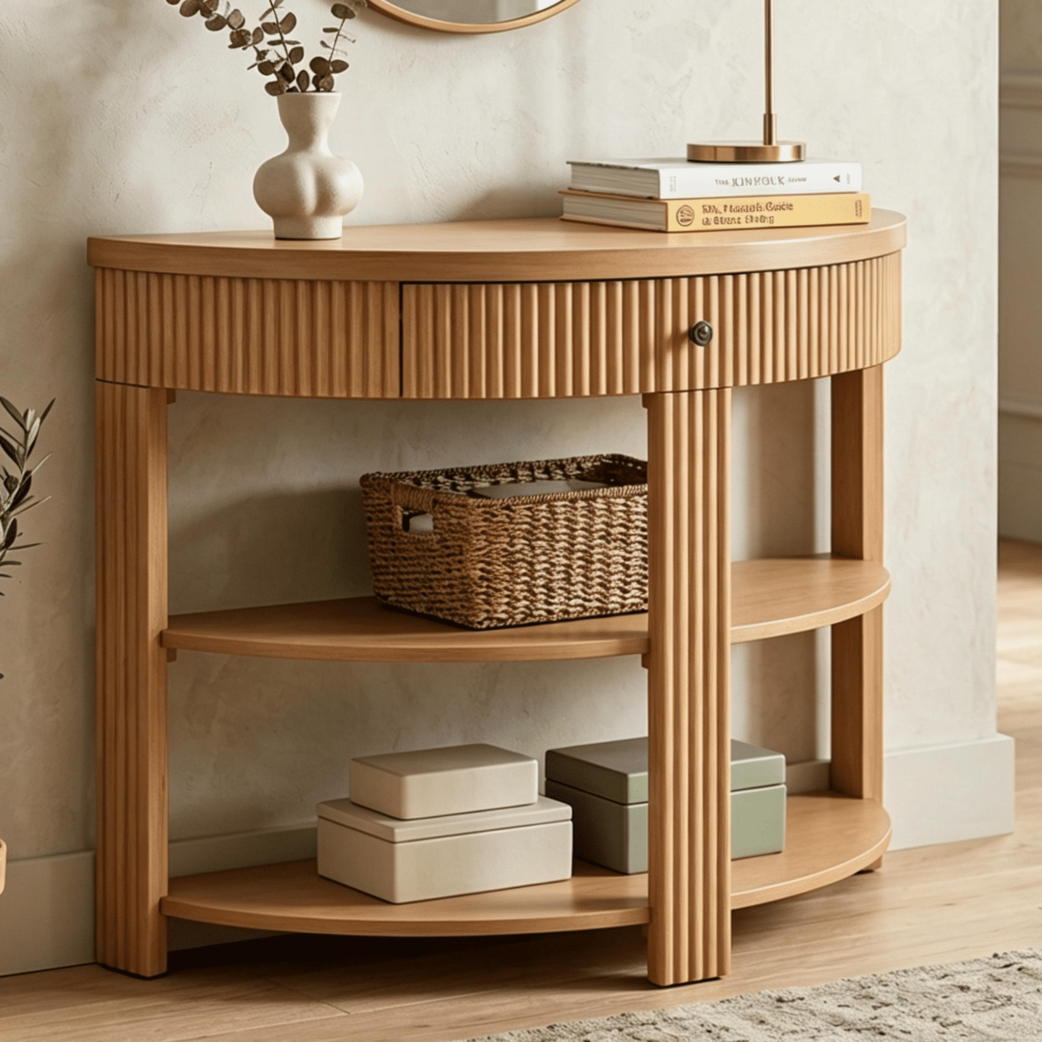 Aukfa 37" Fluted Half Moon Console Table with Drawer & Open Shelves, Entryway Accent Table for Living Room Hallway, Natural