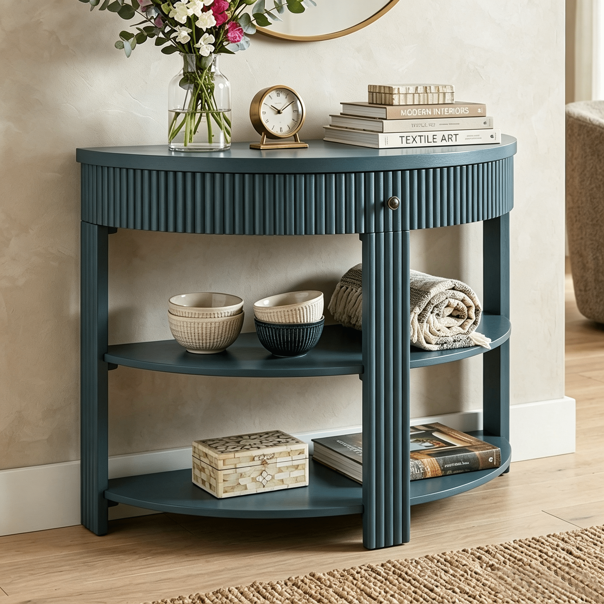 Aukfa 37" Fluted Half Moon Console Table with Drawer & Open Shelves, Entryway Accent Table for Living Room Hallway, Navy