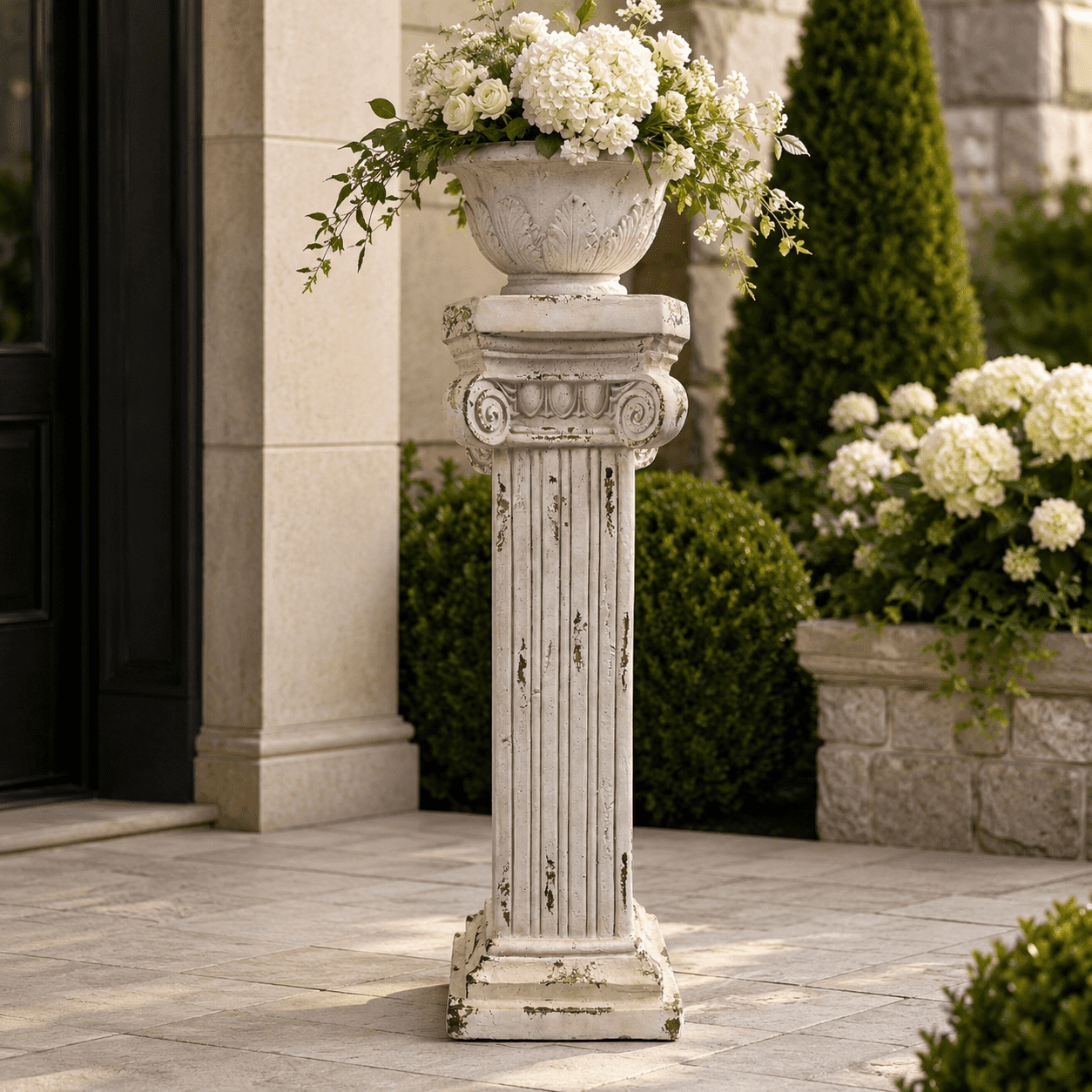 Aukfa 38.18" MGO Roman Column Planter Urn, Antique Garden Pedestal,Antique White