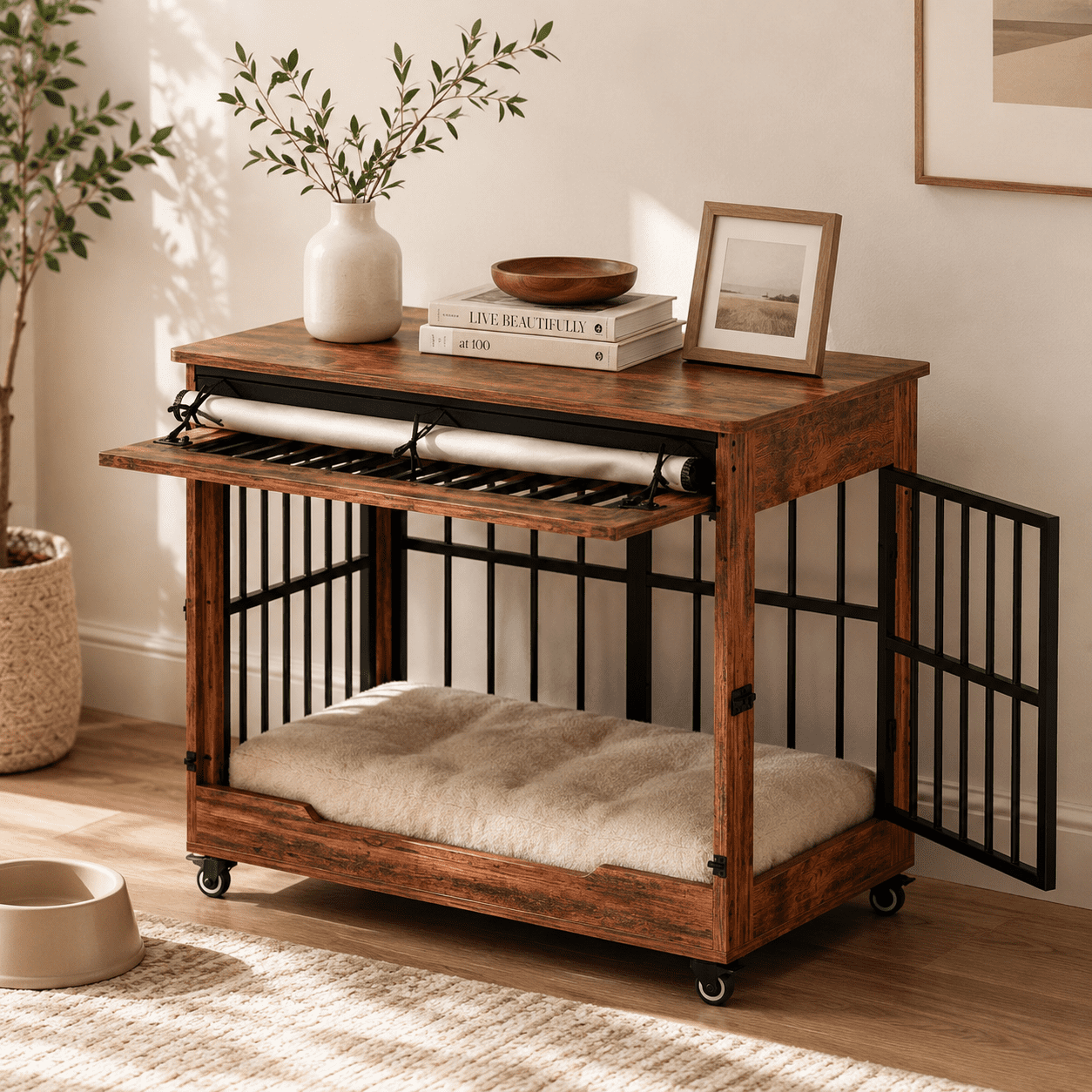 Aukfa 38.6-Inch Large Dog Crate Furniture, Indoor Dog Kennel Decorative Pet Cage End Table, Lift-Up Door, Curtain & Wheels,Brown