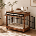 thumbnail image 1 of Aukfa 38.6-Inch Large Dog Crate Furniture, Indoor Dog Kennel Decorative Pet Cage End Table, Lift-Up Door, Curtain & Wheels,Brown, 1 of 8
