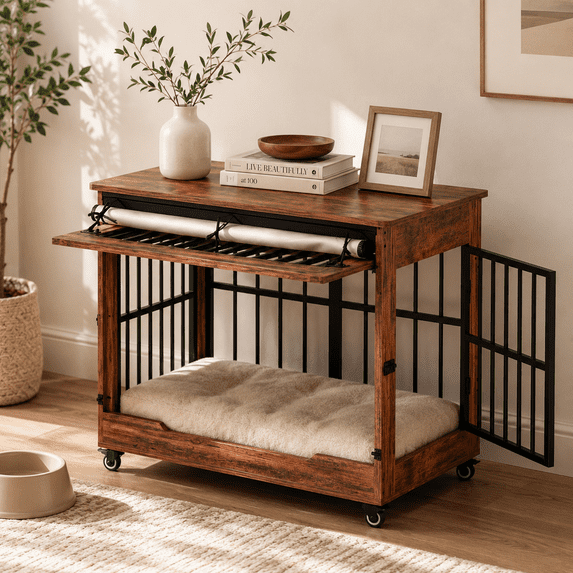 Aukfa 38.6-Inch Large Dog Crate Furniture, Indoor Dog Kennel Decorative Pet Cage End Table, Lift-Up Door, Curtain & Wheels,Brown
