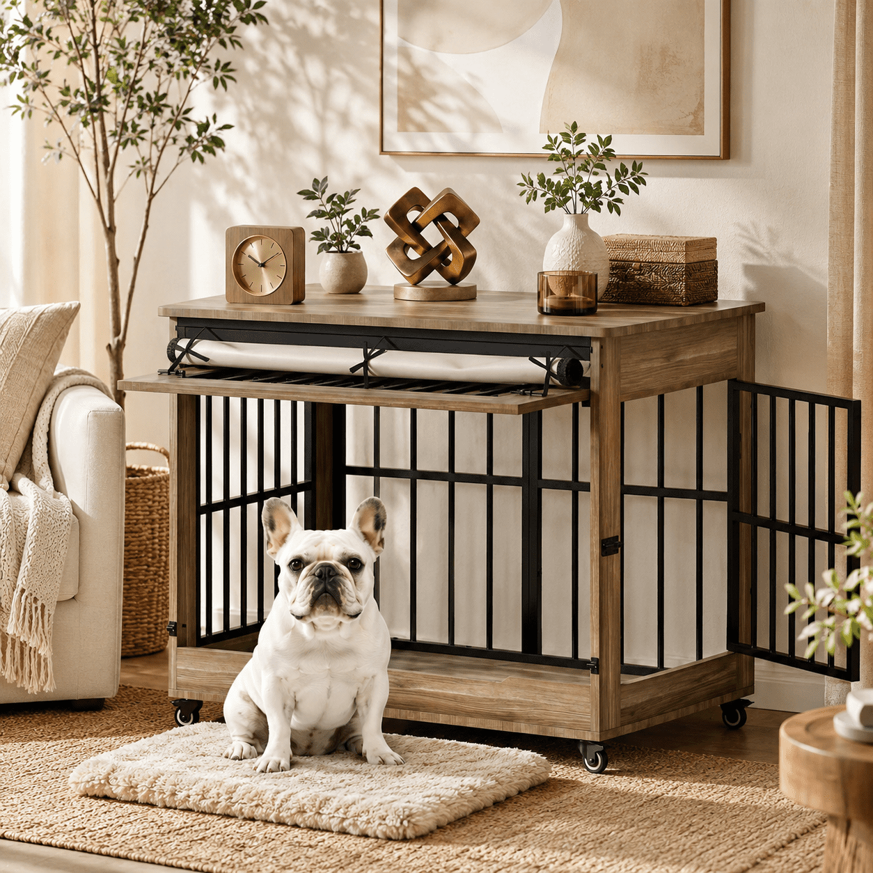 Aukfa 38.6-Inch Large Dog Crate Furniture, Indoor Dog Kennel Decorative Pet Cage End Table, Lift-Up Door, Curtain & Wheels,Greige