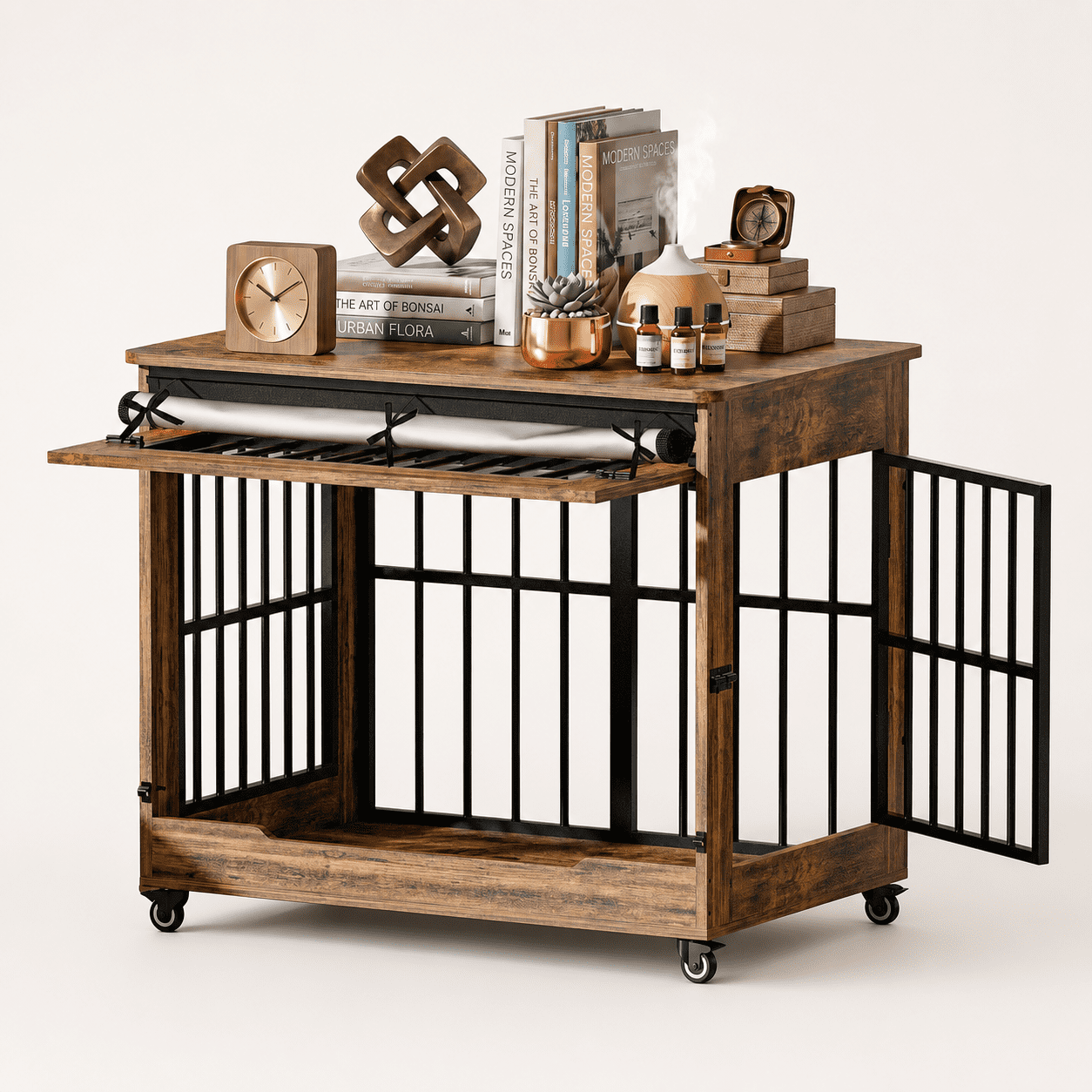 Aukfa 38.6-Inch Large Dog Crate Furniture, Indoor Dog Kennel Decorative Pet Cage End Table, Lift-Up Door, Curtain & Wheels,Rustic Brown