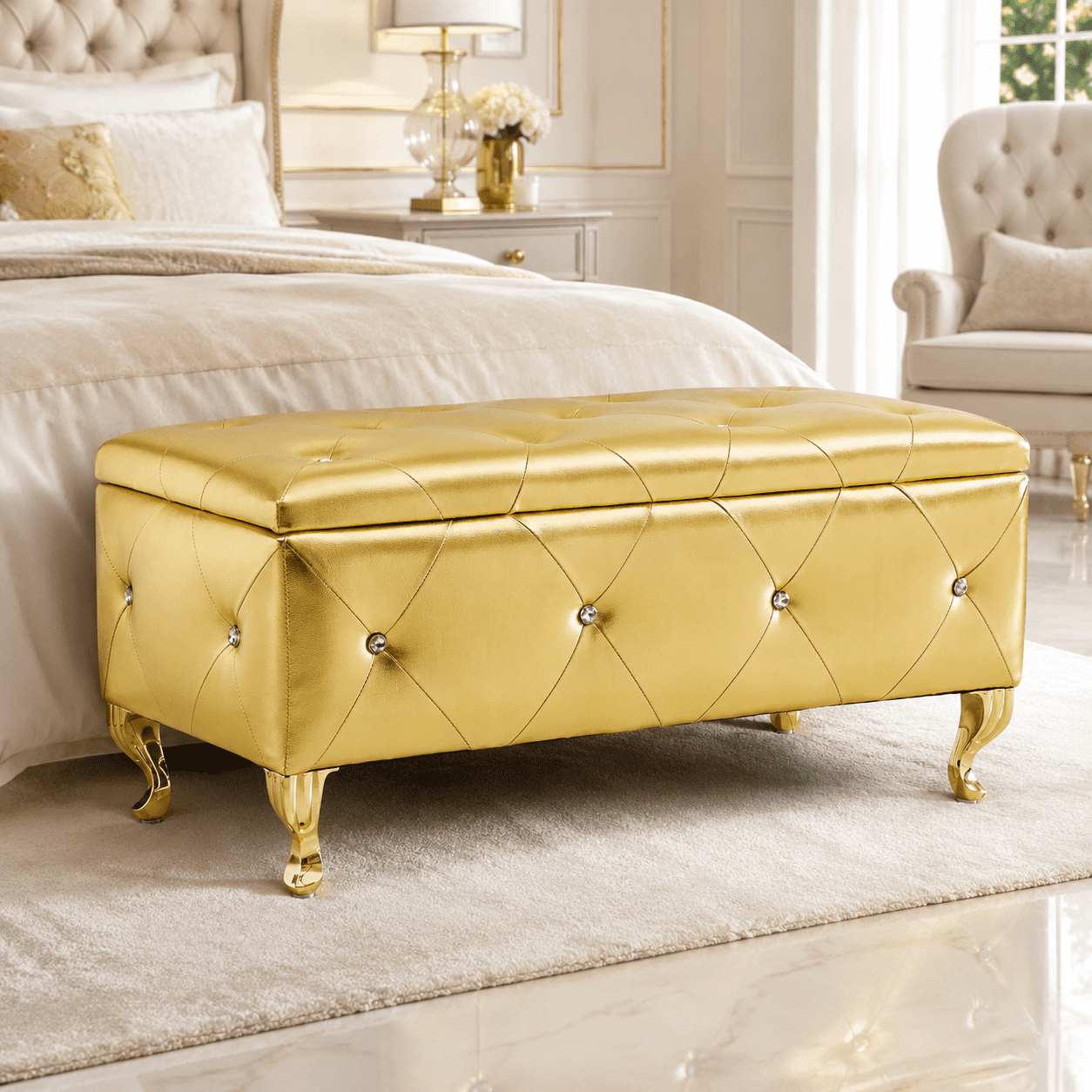 Aukfa 38" Upholstered Storage Ottoman Bench with Hidden Storage, Crystal Tufted Faux Leather Bed Bench, 380 lb, Gold