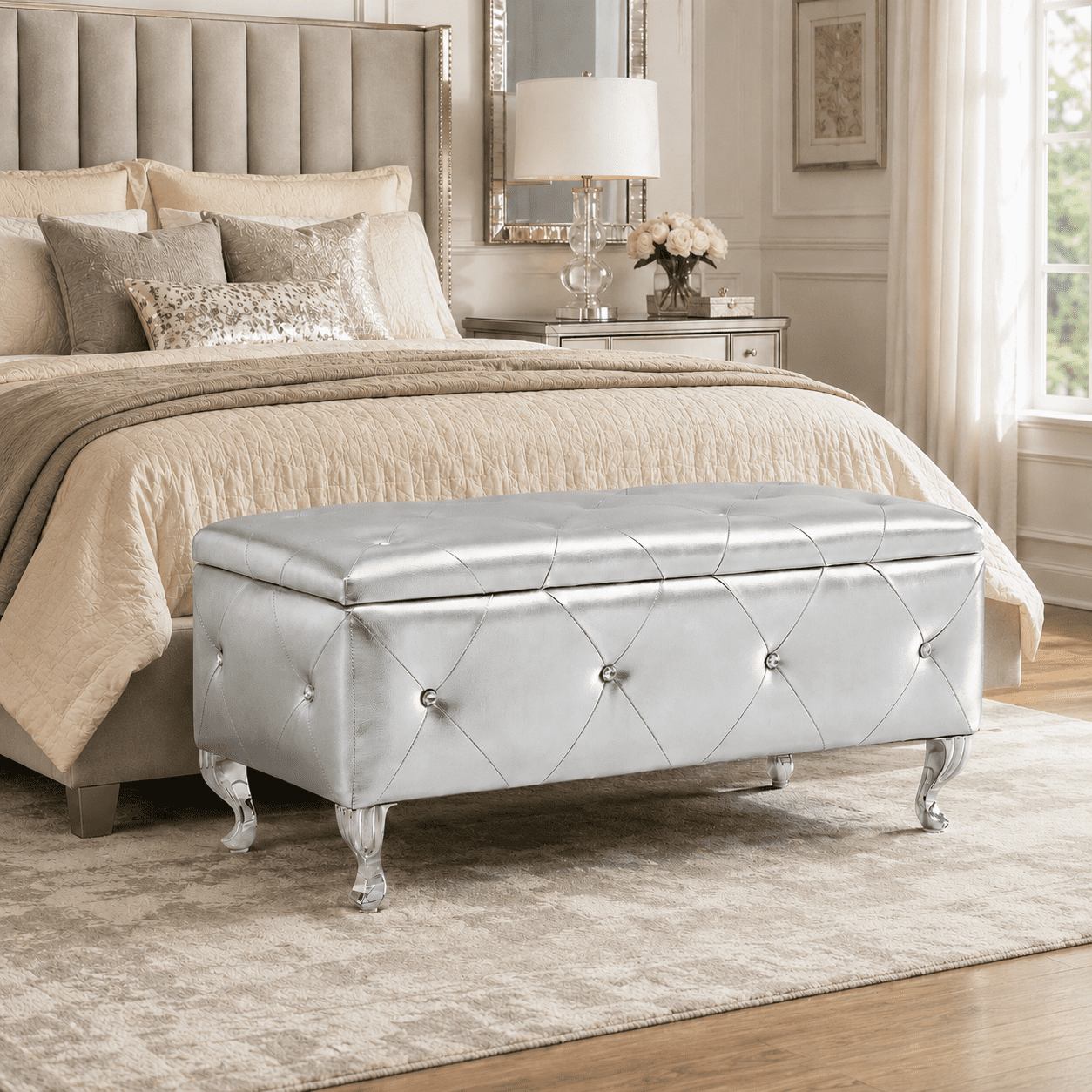 Aukfa 38" Upholstered Storage Ottoman Bench with Hidden Storage, Crystal Tufted Faux Leather Bed Bench, 380 lb, Silver