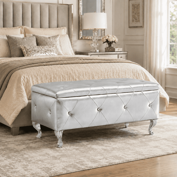 Aukfa 38" Upholstered Storage Ottoman Bench with Hidden Storage, Crystal Tufted Faux Leather Bed Bench, 380 lb, Silver