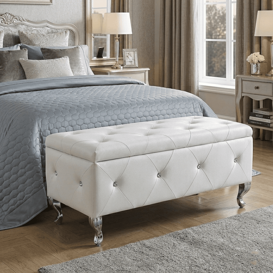Aukfa 38" Upholstered Storage Ottoman Bench with Hidden Storage, Crystal Tufted Faux Leather Bed Bench, 380 lb, White