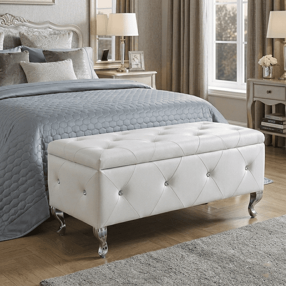 Aukfa 38" Upholstered Storage Ottoman Bench with Hidden Storage, Crystal Tufted Faux Leather Bed Bench, 380 lb, White