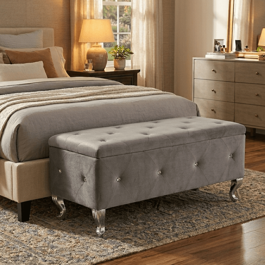 Aukfa 38" Upholstered Storage Ottoman Bench with Hidden Storage, Crystal Tufted Velvet Bed Bench, 380 lb, Gray