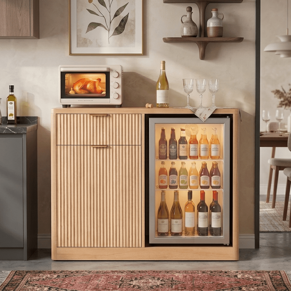 Aukfa 39.4" Coffee Bar Cabinet with Fridge Space, Fluted Liquor Cabinet with Charging Station & Wine Storage Sideboard,Natural