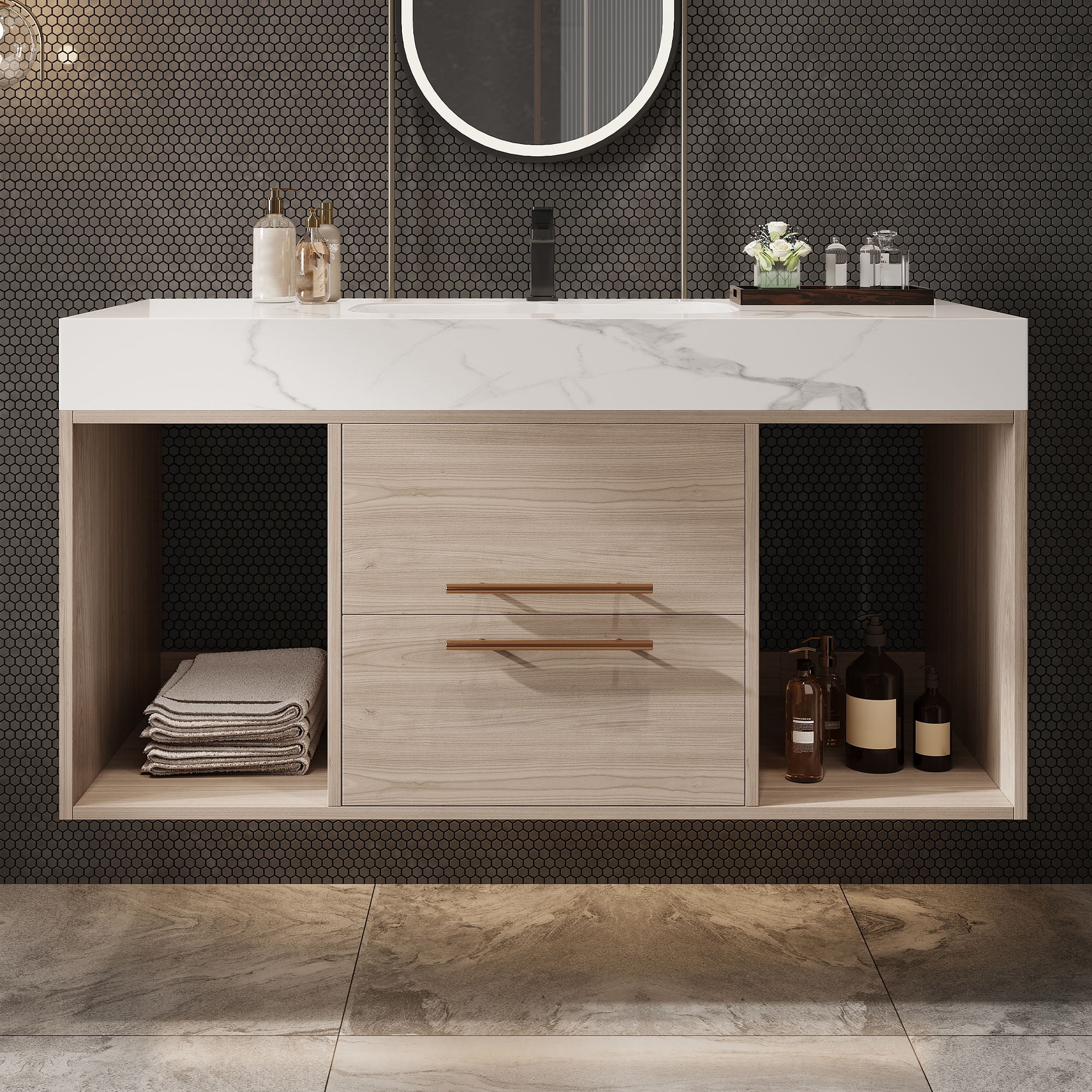 Aukfa 39.4" Floating Bathroom Vanity with Sink, Wall Mounted Cabinet,2 Drawer,Oak