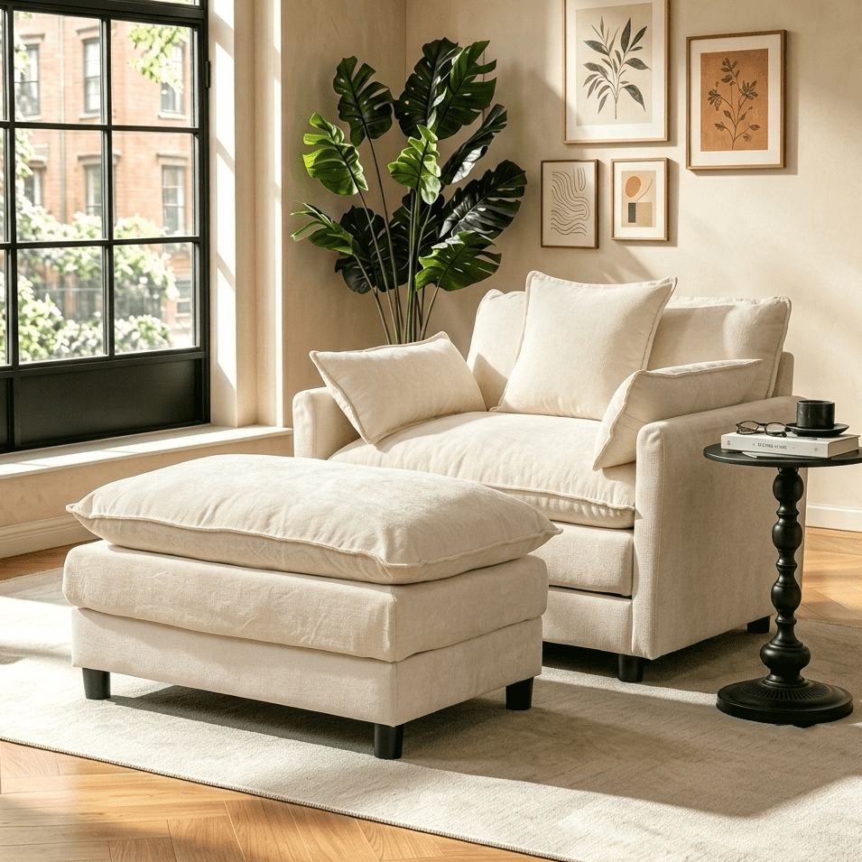 Aukfa 39.4" Oversized Accent Chair with Ottoman, Chenille Armchair Lounge Chairfor Living Room & Bedroom,Beige