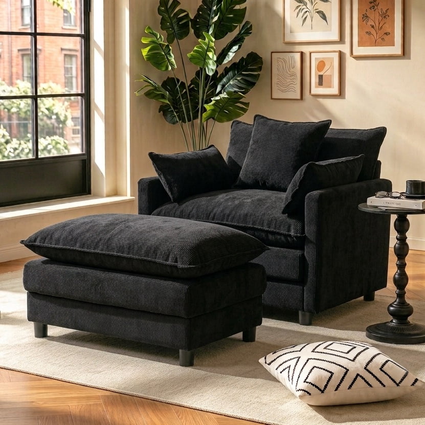 Aukfa 39.4" Oversized Accent Chair with Ottoman, Chenille Armchair Lounge Chairfor Living Room & Bedroom,Black