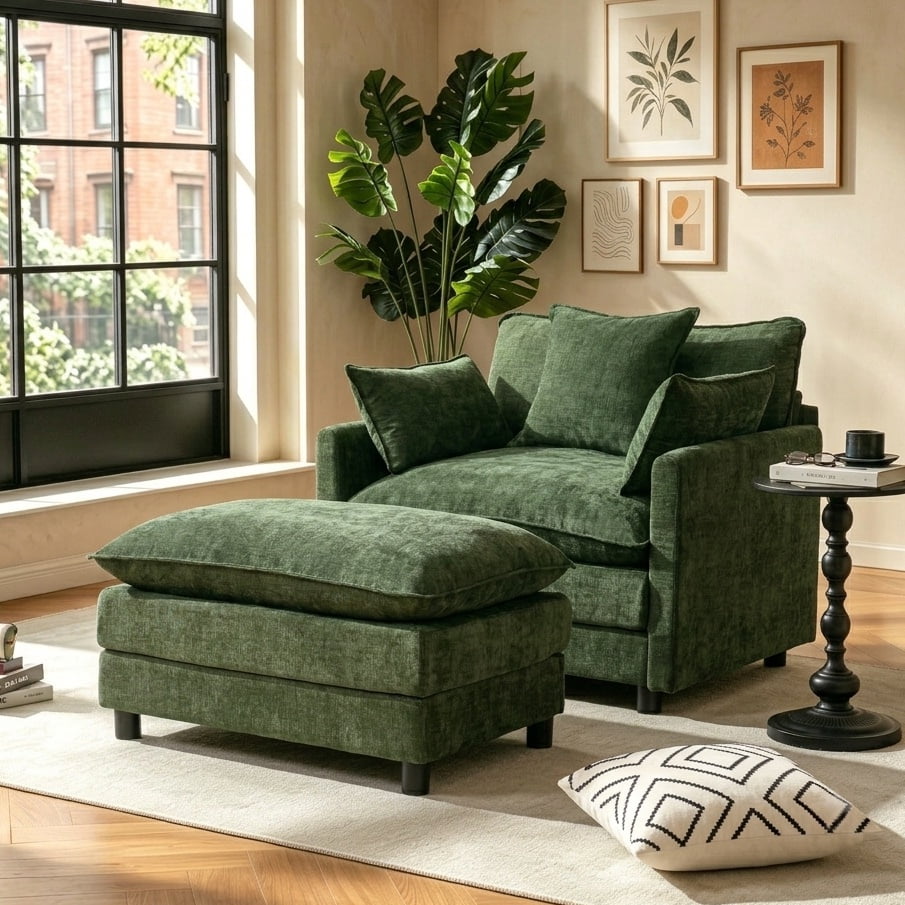 Aukfa 39.4" Oversized Accent Chair with Ottoman, Chenille Armchair Lounge Chairfor Living Room & Bedroom,Green