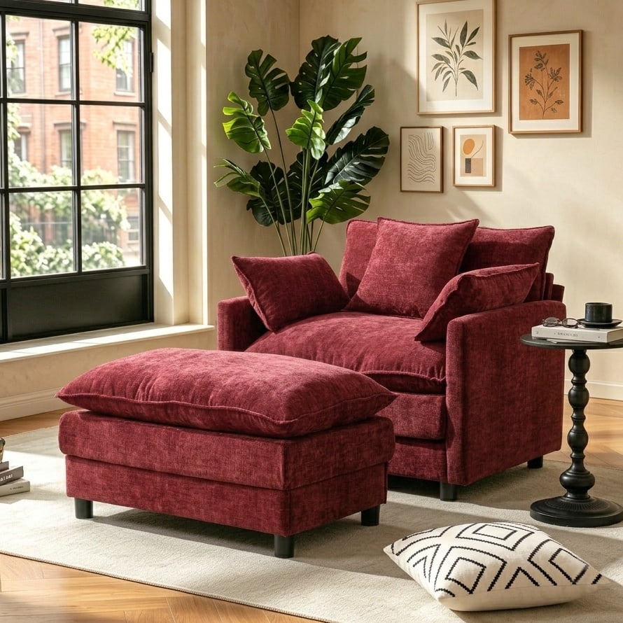 Aukfa 39.4" Oversized Accent Chair with Ottoman, Chenille Armchair Lounge Chairfor Living Room & Bedroom,Red