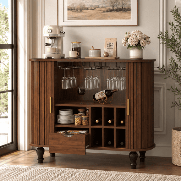 Aukfa 39" Mid-Century Modern Fluted Bar Cabinet with Large Drawer, Black Liquor & Coffee Bar Station with 6 Wine Rack,Walnut