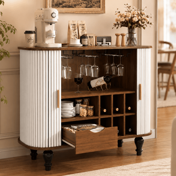 Aukfa 39" Mid-Century Modern Fluted Bar Cabinet with Large Drawer, Black Liquor & Coffee Bar Station with 6 Wine Rack,White