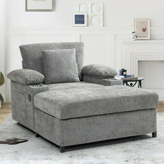 Aukfa 39" Oversized Chaise with 2 Cupholders&USB Ports, Chenille Cloud Couch Chair Bed, Gray