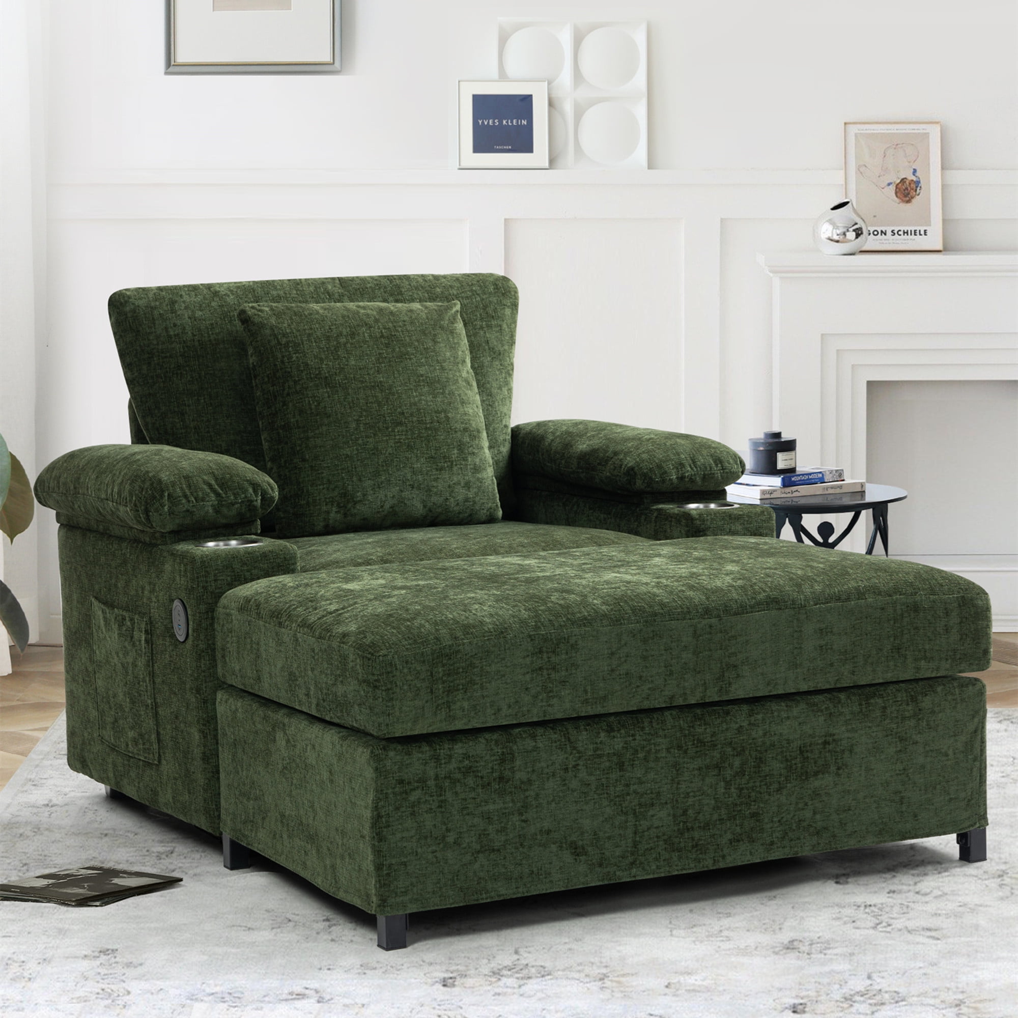 Aukfa 39" Oversized Chaise with 2 Cupholders&USB Ports, Chenille Cloud Couch Chair Bed, Green