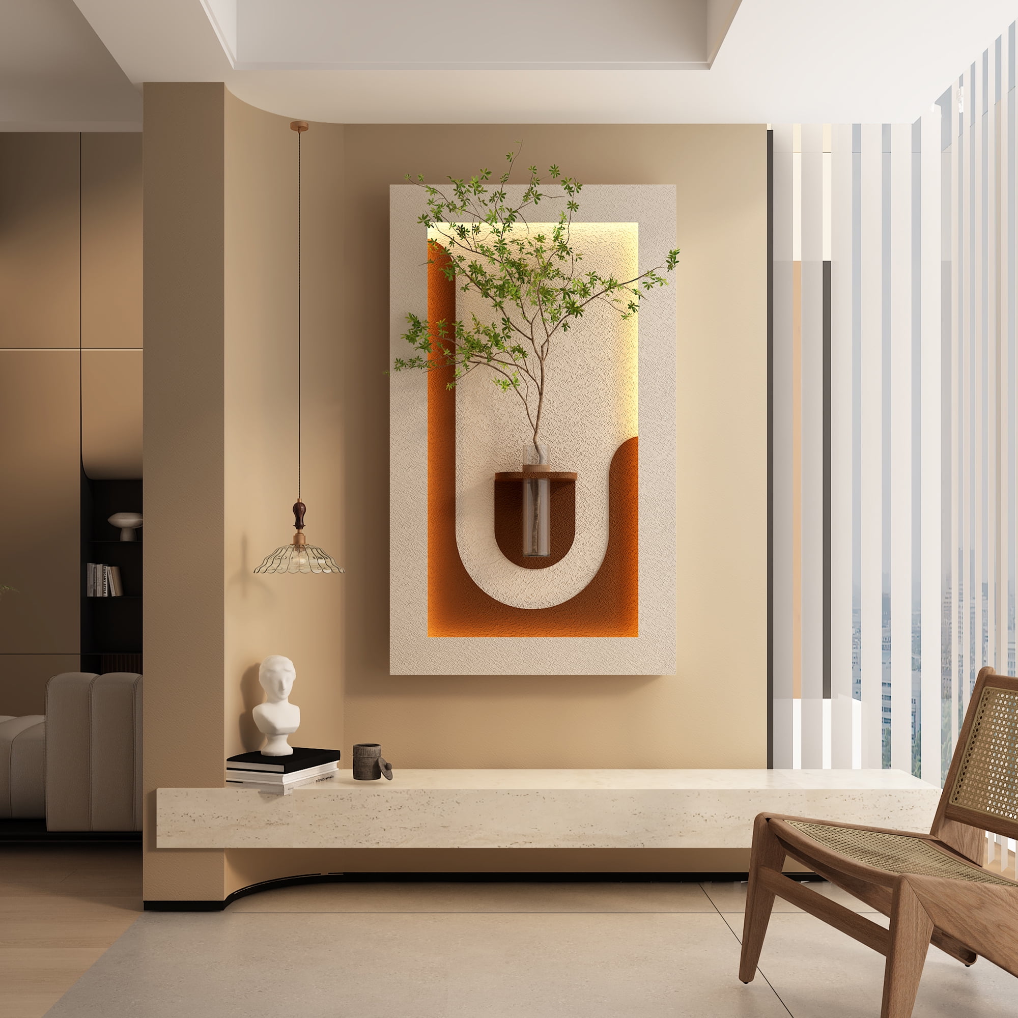 Aukfa 3D Sandstone Wall Art with Artificial Green Plants, LED Wall Decor with Glass Vase & Rabbit Statue, Remote Control for Living Room/Bedroom